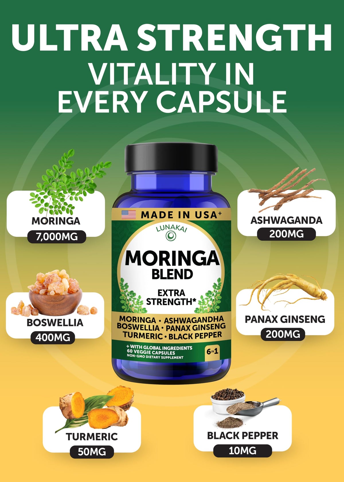 Lunakai USA Made Pure Moringa Capsules – Advanced Moringa Leaf Extract Supplement with Ashwagandha, Boswellia - OmniHealth US