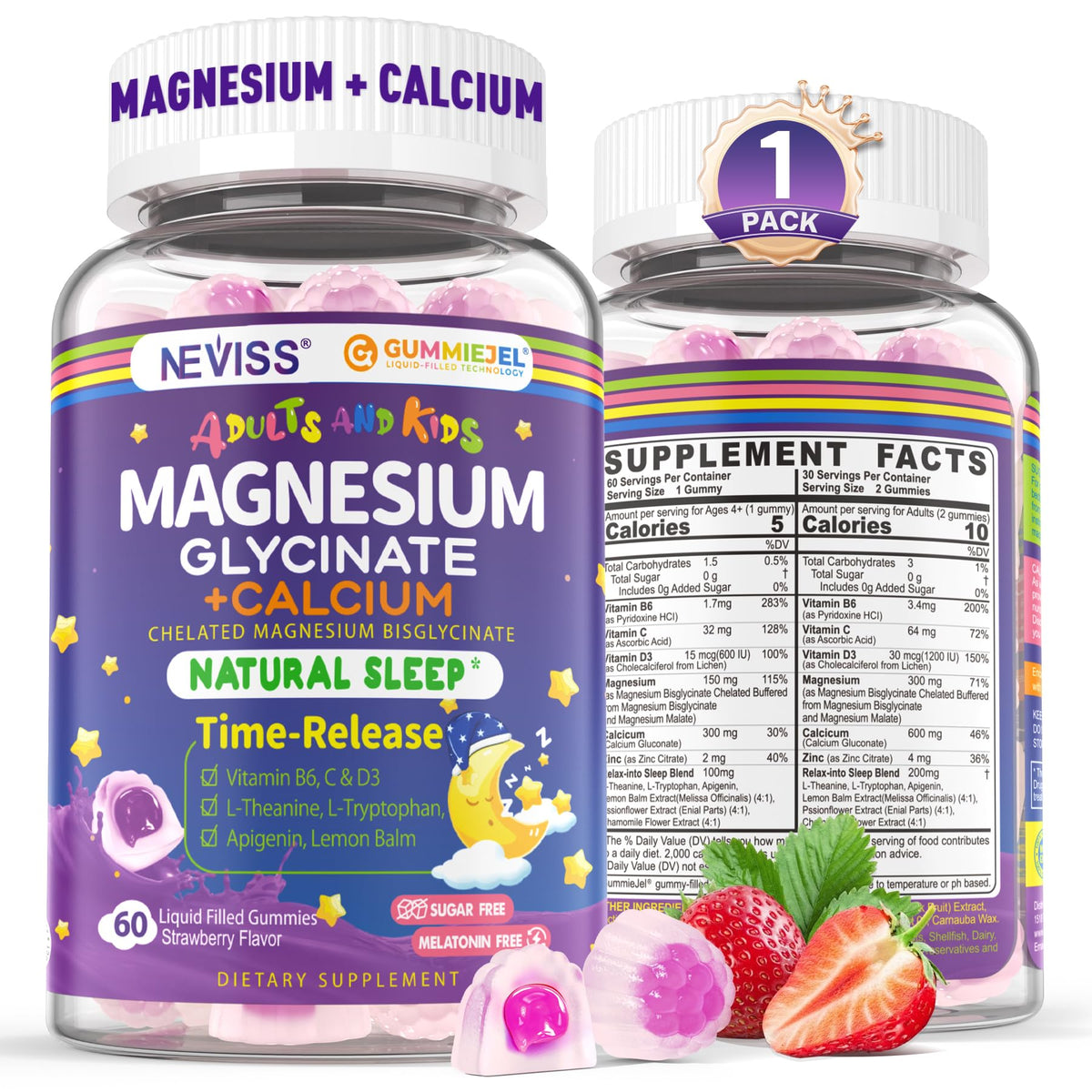 Neviss Magnesium Glycinate + Calcium Filled Gummies for Adults and Kids 4+, Kids Sleep Gummies Melatonin Free, Sugar Free Magnesium Supplement with B6 D3, OmniHealth US