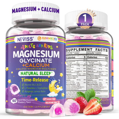 Neviss Magnesium Glycinate + Calcium Filled Gummies for Adults and Kids 4+, Kids Sleep Gummies Melatonin Free, Sugar Free Magnesium Supplement with B6 D3, OmniHealth US