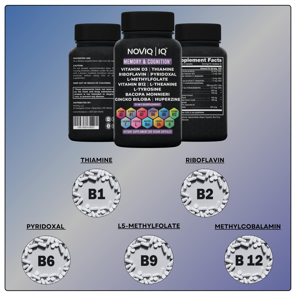 11-in-1 Supplement: Supports Memory & Cognition - 100mg Ginkgo 150mg Bacopa 300mcg Huperzine 200mg L-Theanine 150mg L-Tyrosine & Bioactive B-Complex - OmniHealth US