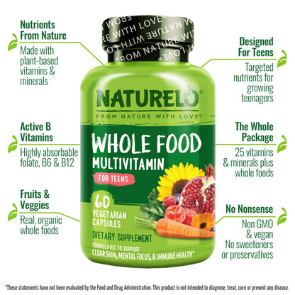 NATURELO Multivitamins for Teenage Girls/Boys, 60 Capsules, Whole Food Multivitamin with Minerals, Non-GMO, Vegetarian - OmniHealth US