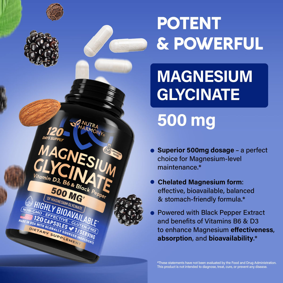 Magnesium Glycinate 500 mg - Chelated Supplement - High Absorption Form of Magnesium - Support for Sleep, Muscle & Heart Health - OmniHealth US