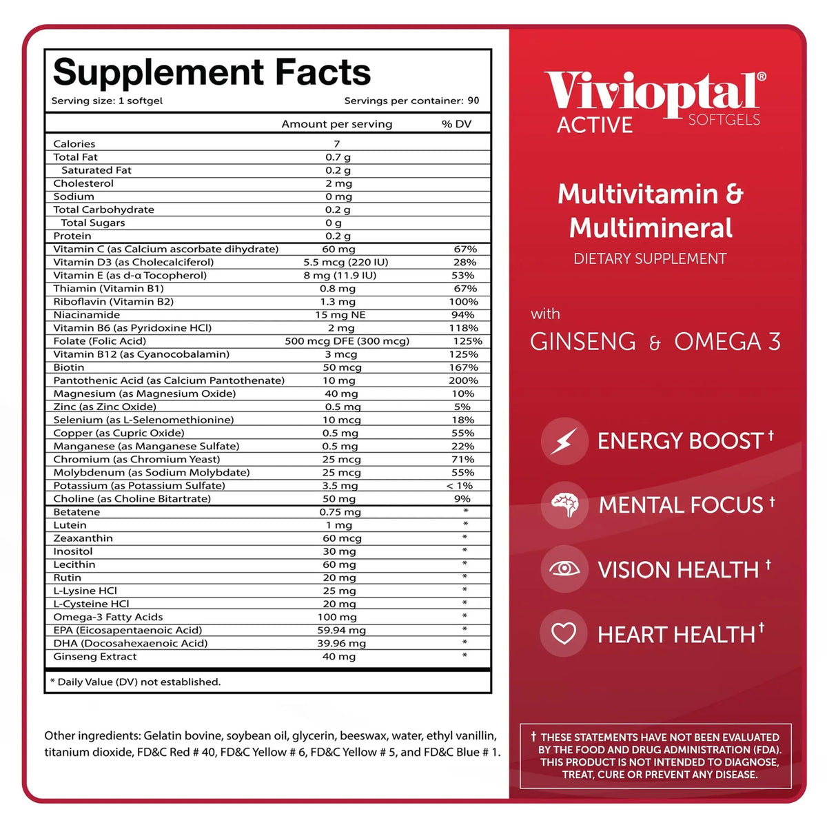 Vivioptal Active, 90 Softgels (1 Year Supply), Ginseng & Omega 3, Multivitamin & Multimineral, Gluten Free, German Formula Vivioptal VitaminsBuy Supplements Australia