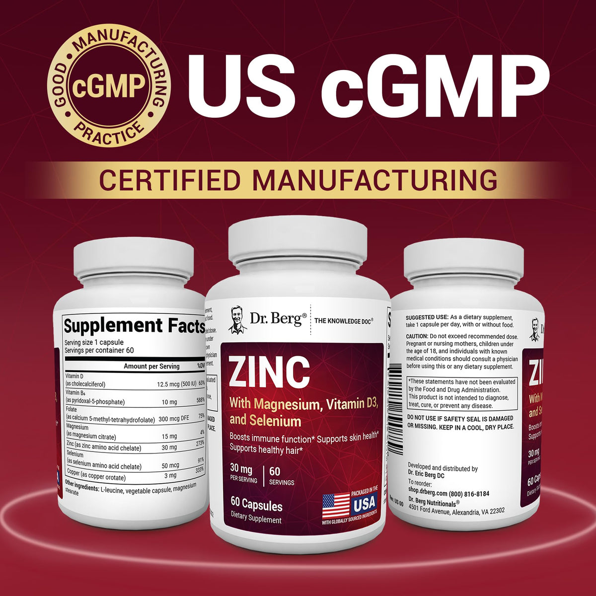 Dr. Berg Zinc 30mg Enhanced with Magnesium, Vitamin D3, Selenium, & Copper - Zinc Supplements for Men & Women - Chelated Zinc for Immune, Skin - OmniHealth US