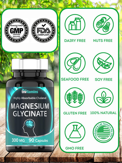 tnvitamins Magnesium Glycinate 300mg, 90 Capsules | High Absorption Chelated Magnesium for Sleep, Calm & Muscle Support - OmniHealth US