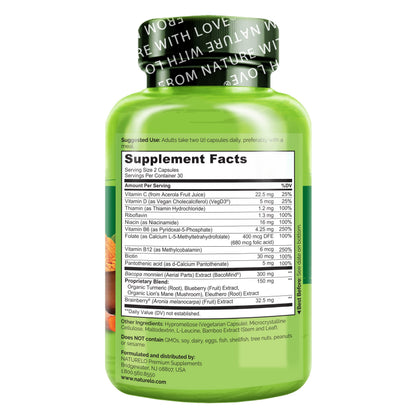 NATURELO Whole Food Brain Supplement - Brain Health Supplements for Memory & Focus Support - Enhance Brain Health Blend Supplement for Adults - OmniHealth US