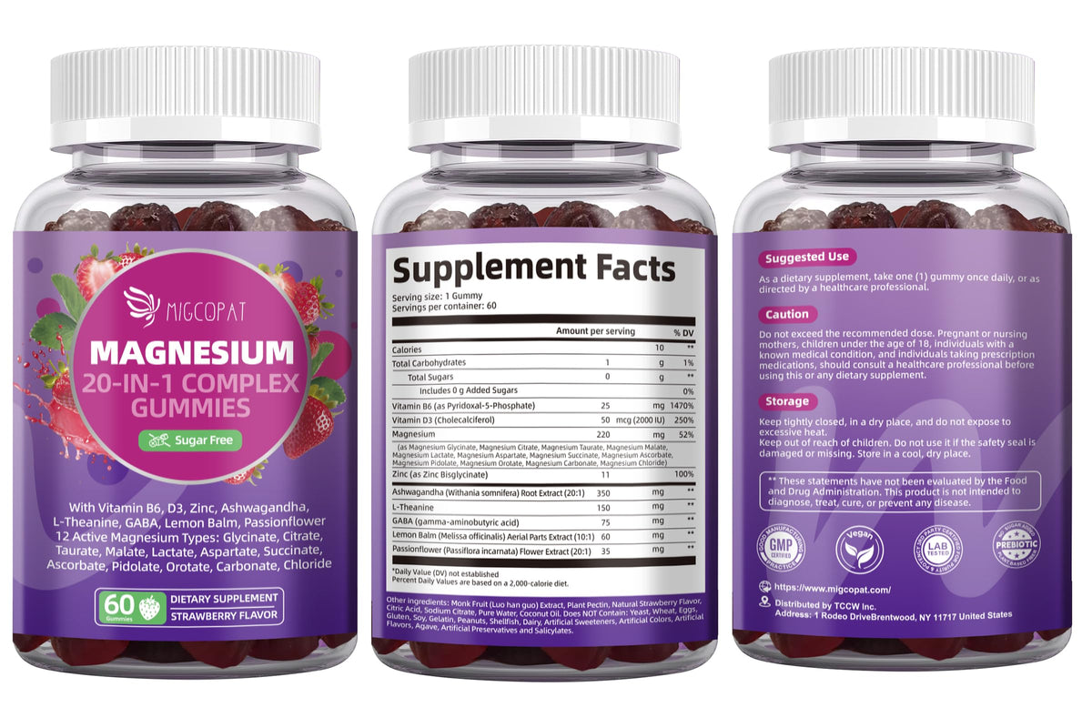 Migcopat Magnesium Complex Gummies, 20 in 1 Magnesium Gummy with Glycinate Citrate Malate Taurate - Ashwagandha, L-Theanine, D3&Zinc for Relaxation, OmniHealth US