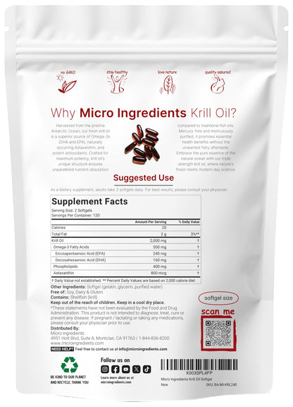 Micro Ingredients Antarctic Krill Oil Supplement, 2,000mg Per Serving, 240 Softgels, Triple Strength, Rich in Omega-3s EPA, DHA & Natural Astaxanthin - OmniHealth US