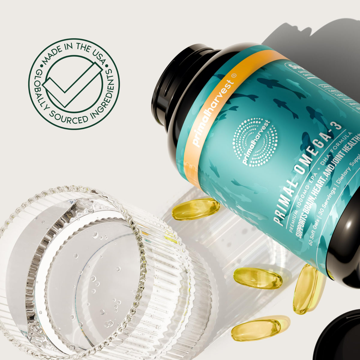 Primal Harvest Omega 3 Fish Oil Supplements, 30 Servings Soft Gels Capsules w/ 1000mg EPA + DHA Supplements - OmniHealth US
