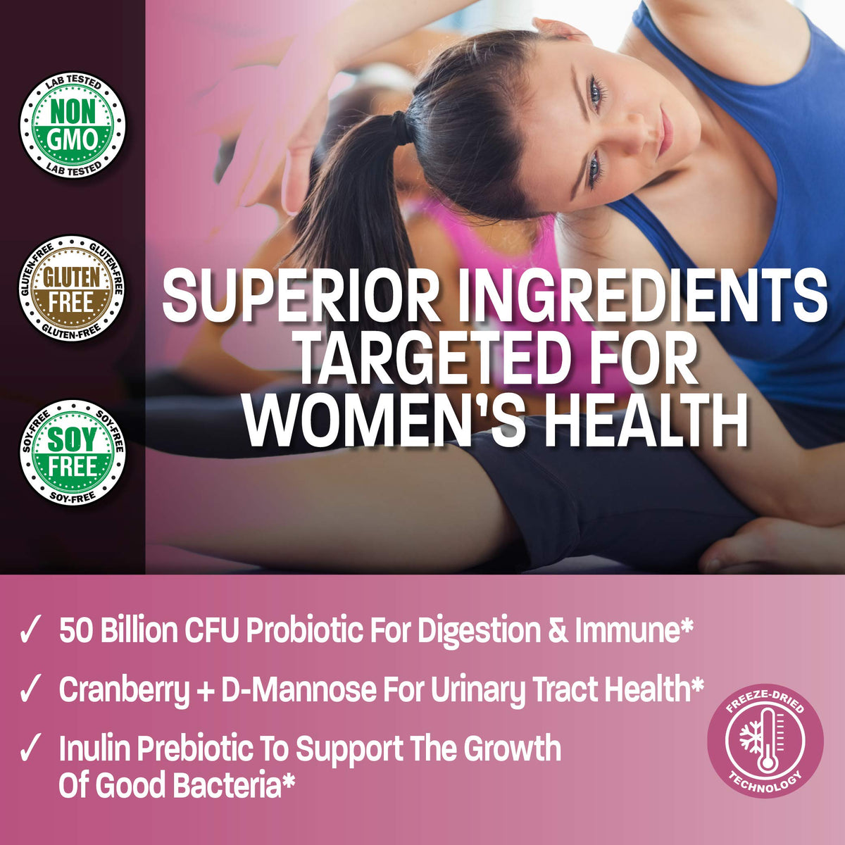Bronson Women's Probiotic 50 Billion CFU + Prebiotic with Cranberry & D-Mannose – Vaginal Health, Healthy Digestion, Immune Function and Urinary Tract Support, Non-GMO, 60 Vegetarian Capsules - OmniHealth US