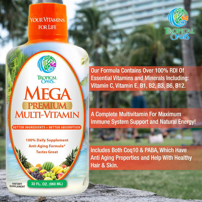 Mega Premium Liquid Multivitamin | Natural Immune Support Vitamin w/ 1333% Vitamin C, 200% D3, Zinc + 20 Vitamins, 70 Minerals, & 21 Amino Acids | Sugar Free - OmniHealth US