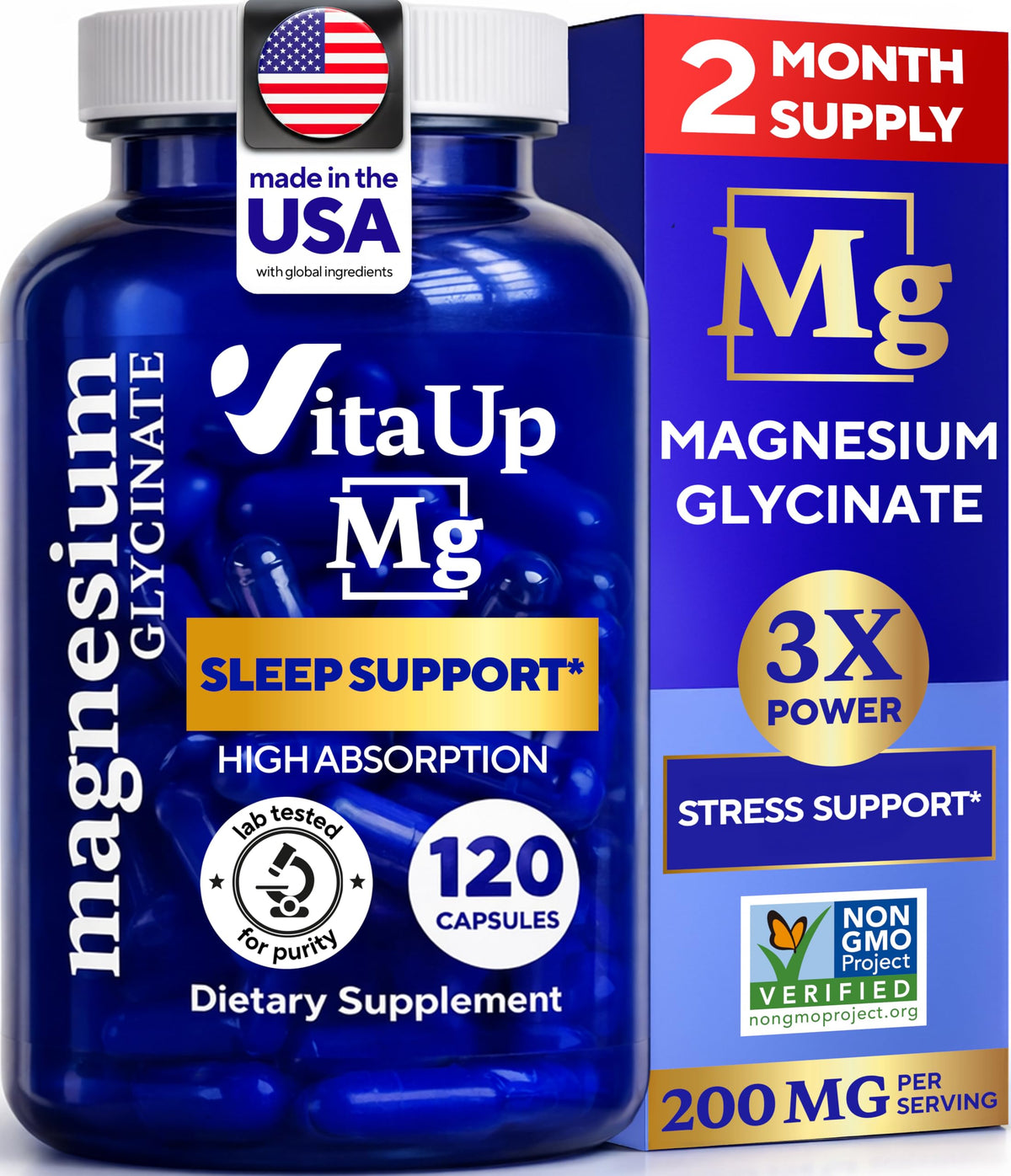 VitaUp Magnesium Glycinate 200mg - USA Made, Highly Absorbed, Non-GMO Magnesium for Relaxation, Deep Sleep, Bones & Heart - OmniHealth US