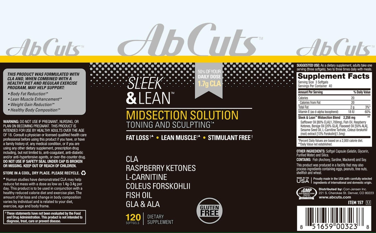 AbCuts Sleek and Lean - 120 Easy-to-Swallow Softgels - CLA Supplement, Fish Oil AbCutsBuy Supplements Australia