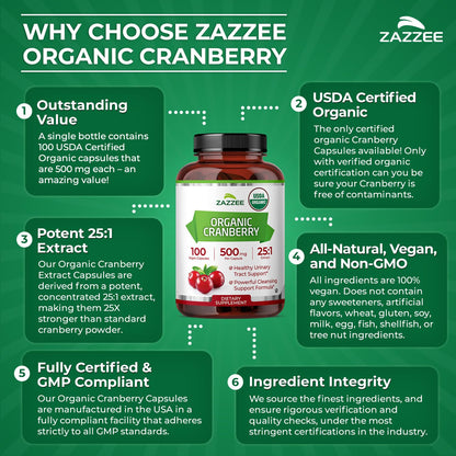 Zazzee USDA Organic Cranberry 25:1 Extract, 500 mg per Capsule, 100 Vegan Capsules, 3+ Month Supply, Certified Kosher, Vaccinium Macrocarpon, Urinary Tract & Bladder Support - OmniHealth US