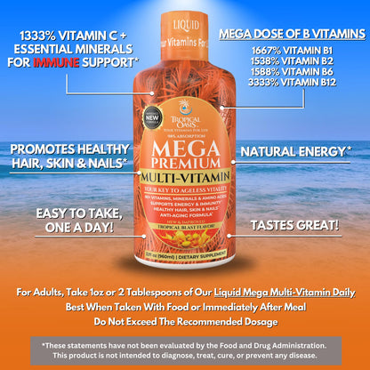 Mega Premium Liquid Multivitamin | Natural Immune Support Vitamin w/ 1333% Vitamin C, 200% D3, Zinc + 20 Vitamins, 70 Minerals, & 21 Amino Acids | Sugar Free - OmniHealth US