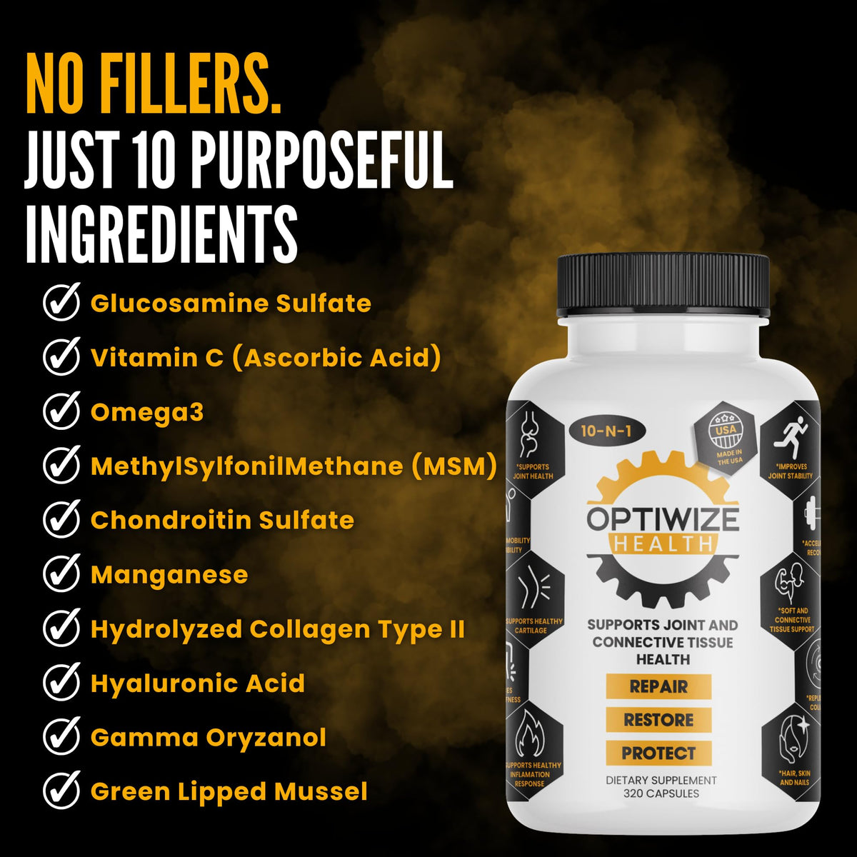 OptiWize 10-N-1 Joint Support Hydrolyzed Collagen,MSM, Hyaluronic Acid, Glucosamine,Chondroitin & More- Targets Joint Discomfort, OmniHealth US