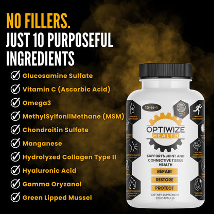 OptiWize 10-N-1 Joint Support Hydrolyzed Collagen,MSM, Hyaluronic Acid, Glucosamine,Chondroitin & More- Targets Joint Discomfort, OmniHealth US