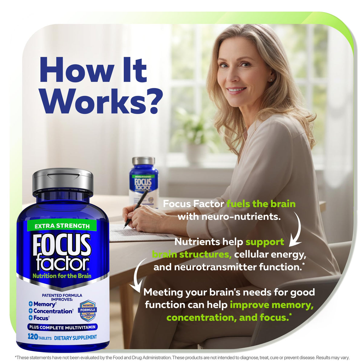 Focus Factor Adults Extra Strength, 120 Count - Brain Supplement for Memory, Concentration and Focus - Complete Multivitamin with DMAE - OmniHealth US