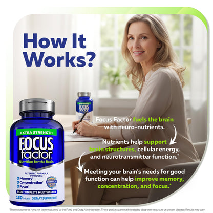 Focus Factor Adults Extra Strength, 120 Count - Brain Supplement for Memory, Concentration and Focus - Complete Multivitamin with DMAE - OmniHealth US