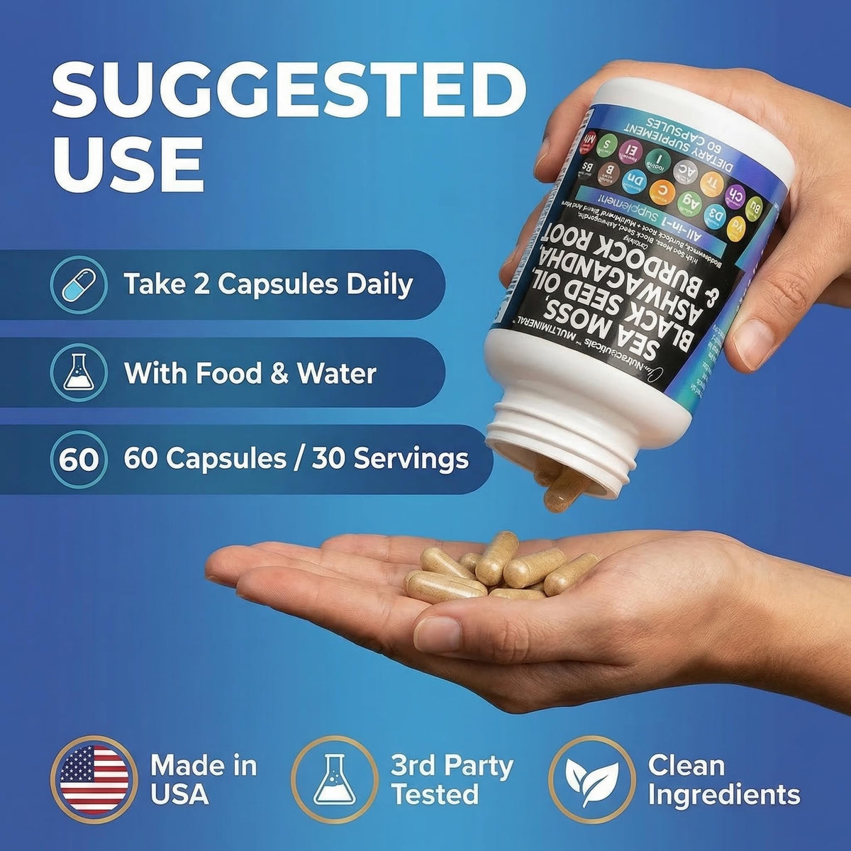 Clean Nutraceuticals Sea Moss Black Seed Oil Ashwagandha Turmeric Bladderwrack Burdock & Vitamin C Vitamin D3 with Elderberry - OmniHealth US
