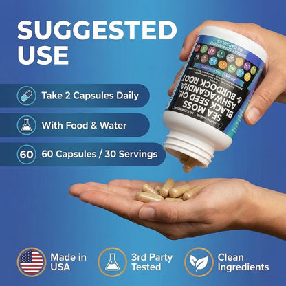 Clean Nutraceuticals Sea Moss Black Seed Oil Ashwagandha Turmeric Bladderwrack Burdock & Vitamin C Vitamin D3 with Elderberry - OmniHealth US