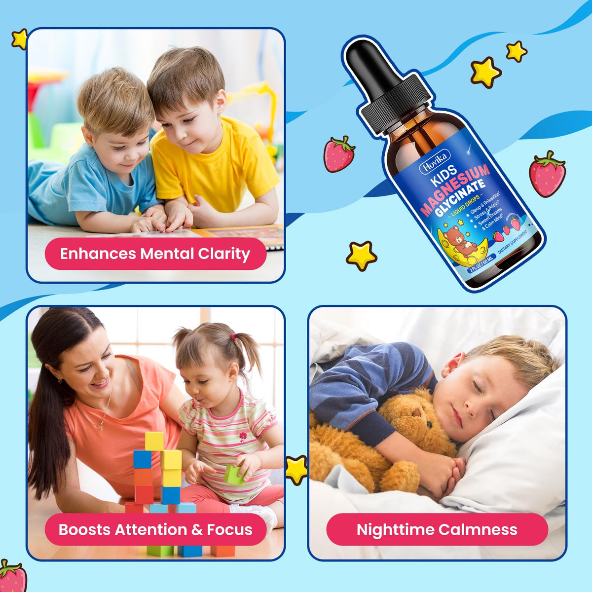 Magnesium Glycinate Liquid for Kids - with L-Theanine Omega-3, Vitamin B6, D3, Zinc - Kids Magnesium Drops for Sleep, Relaxation - OmniHealth US
