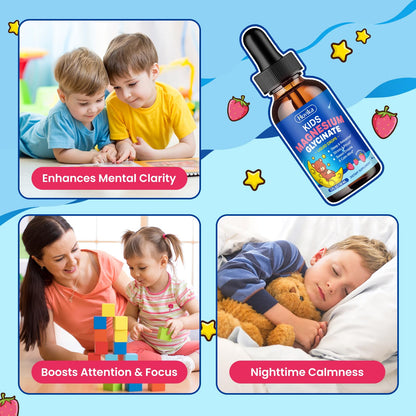 Magnesium Glycinate Liquid for Kids - with L-Theanine Omega-3, Vitamin B6, D3, Zinc - Kids Magnesium Drops for Sleep, Relaxation - OmniHealth US