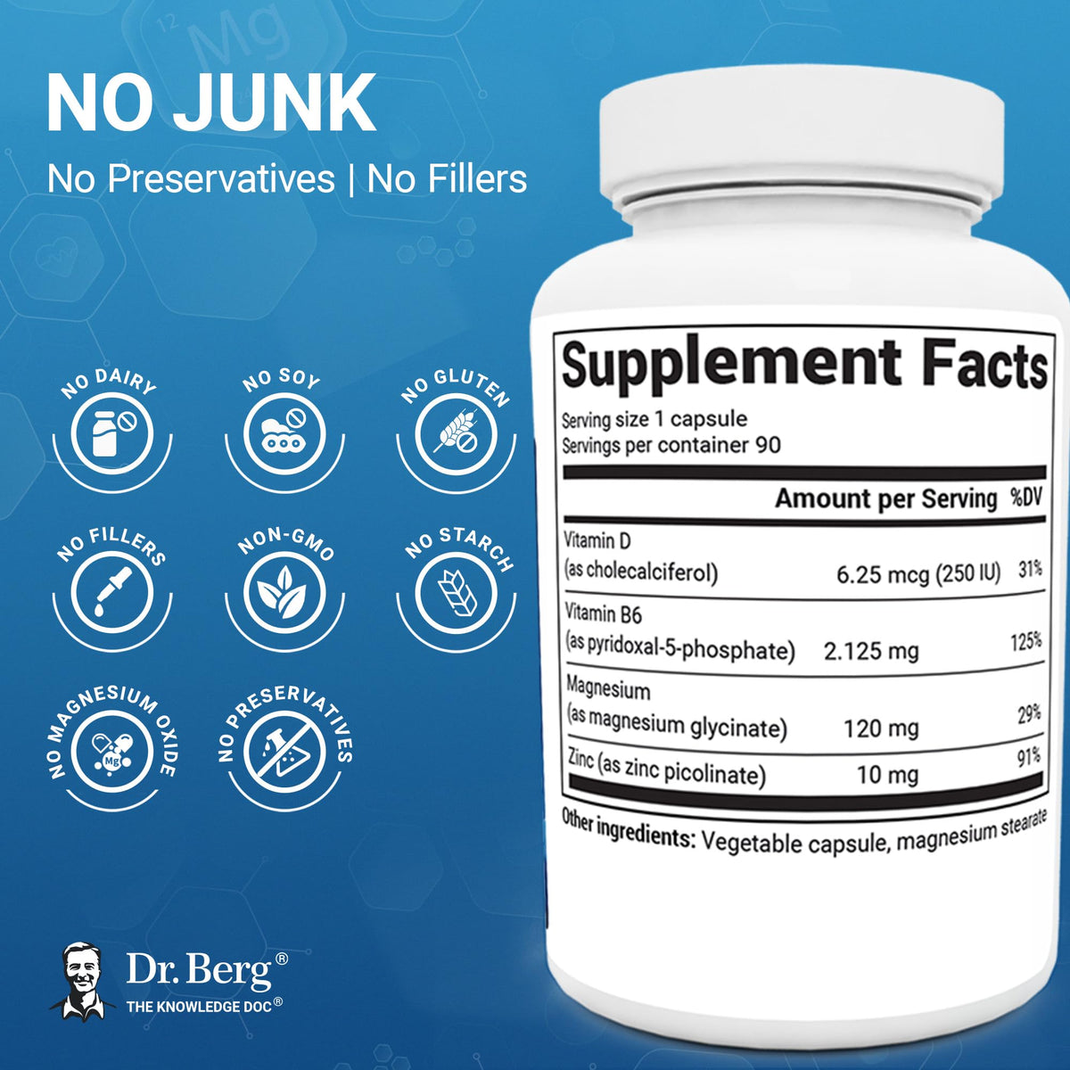 Dr. Berg Magnesium Glycinate 90ct – 4-in-1 Chelated for Muscle, Nerve, Sleep & Stress Support*– w/ D3, B6 & Zinc – 4X Lab-Tested – No Fillers – Formulated in USA, GMP-Certified - OmniHealth US