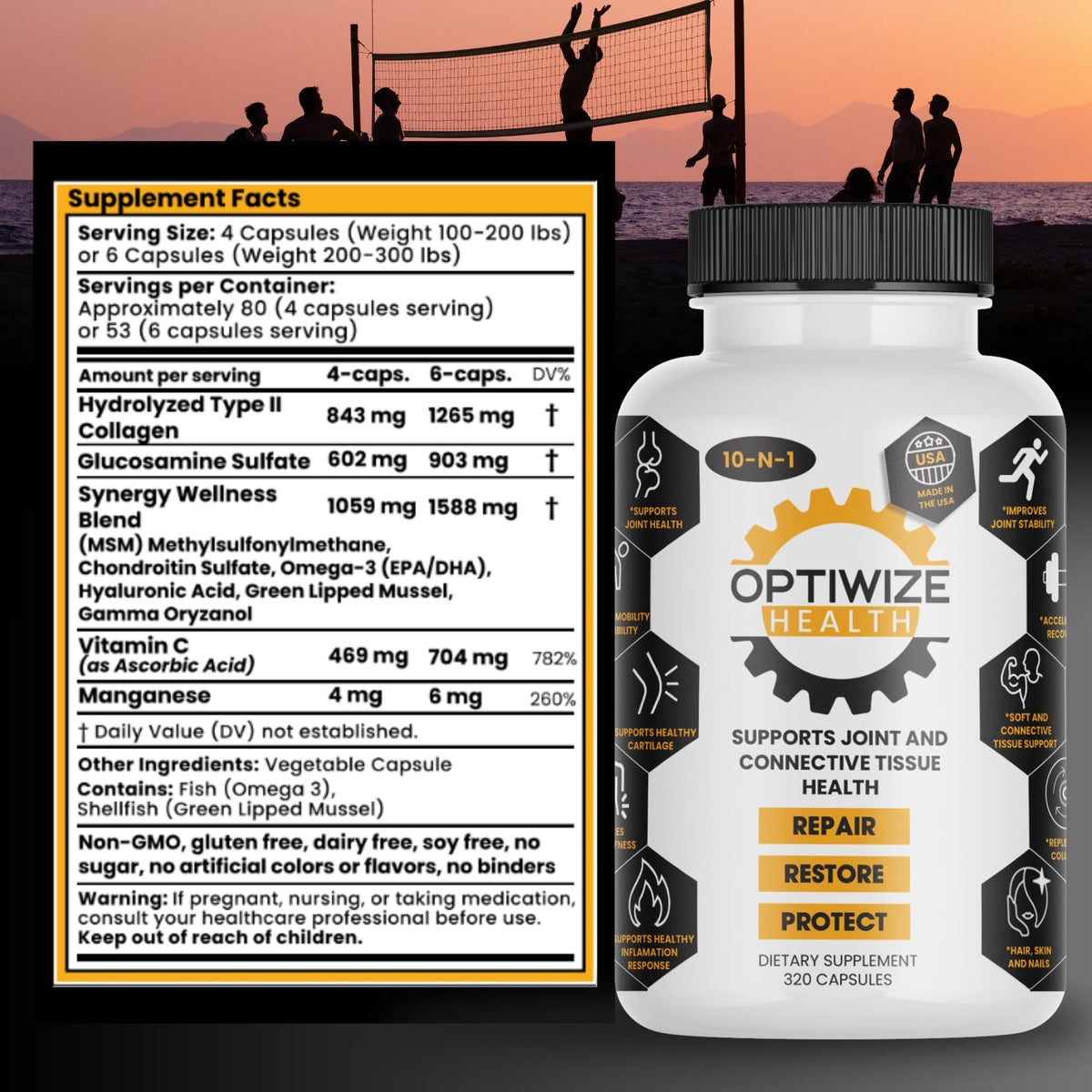 OptiWize 10-N-1 Joint Support Hydrolyzed Collagen,MSM, Hyaluronic Acid, Glucosamine,Chondroitin & More- Targets Joint Discomfort, OmniHealth US