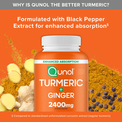 Qunol Turmeric Curcumin with Black Pepper & Ginger, 2400mg Turmeric Extract with 95% Curcuminoids, Extra Strength Supplement - OmniHealth US