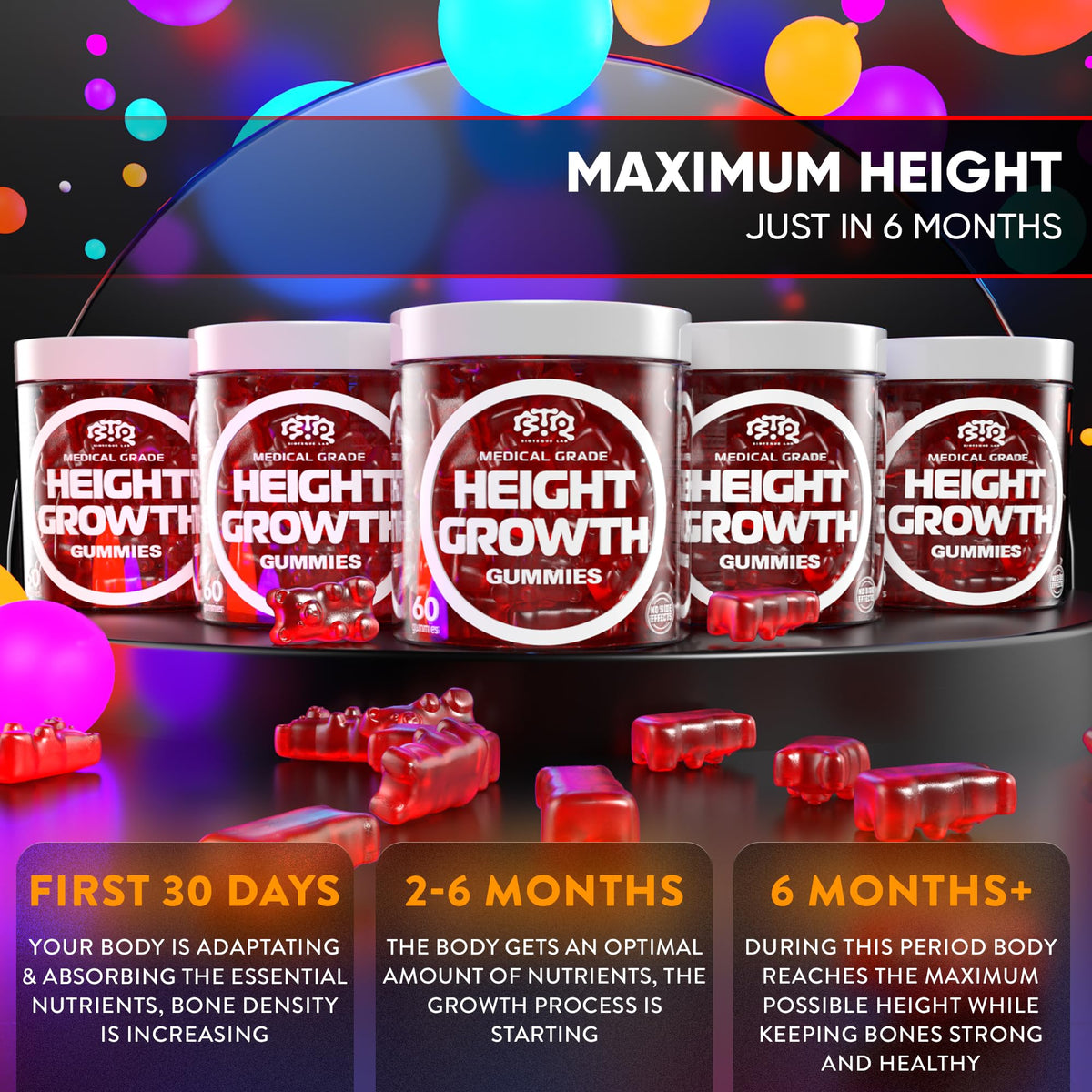 BIOTEQUELAB Height Growth Increase Gummies Vitamins, Grow Tall Supplement, Calcium, Magnesium, Zinc, Ashwagandha, OmniHealth US