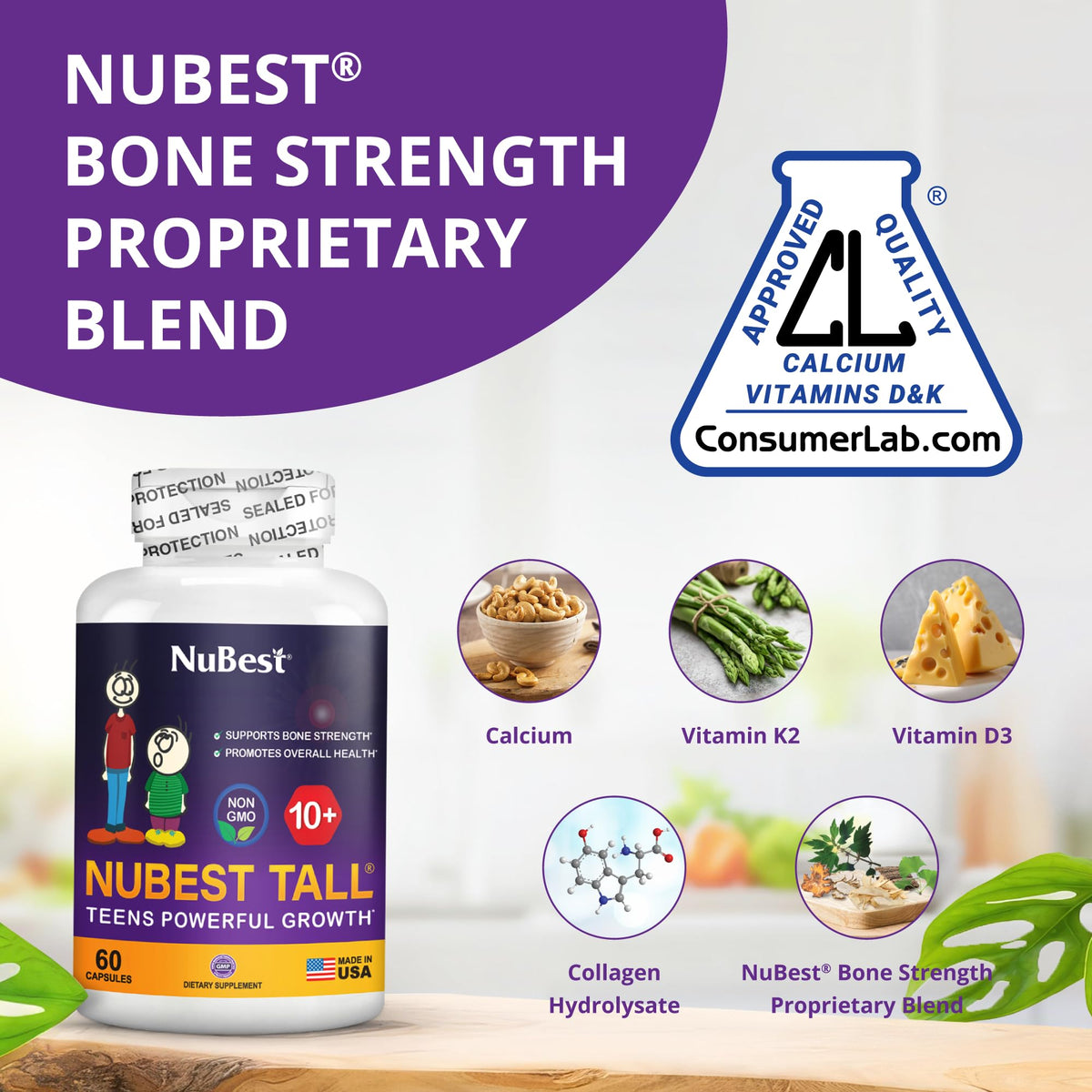 NuBest Tall 10+ Premium Bone Strength Formula, Enhanced Immunity and Overall Health for Age 10+ with Calcium, Vitamin D3, Vitamin K2 - OmniHealth US
