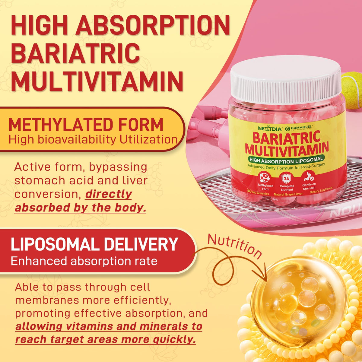 Liposomal Methylated Bariatric Multivitamin Gummies with Iron for Women & Men, High Absorption Multivitamin w/CoQ 10, Probiotic, Digestive Enzymes Support Gastric Bypass & Sleeve Recover, Energy,1Pack NextdiaBuy Supplements Australia