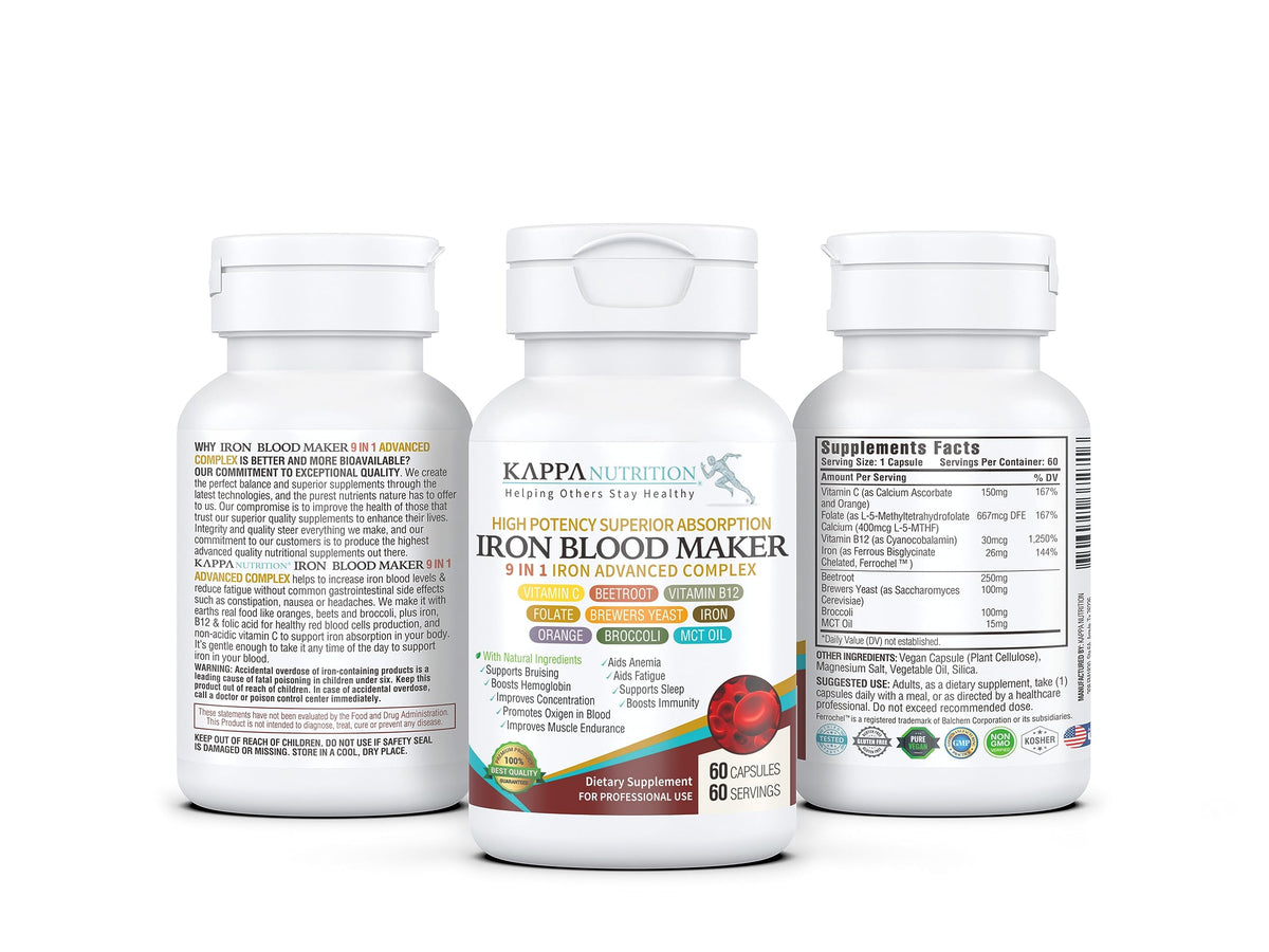 KAPPA NUTRITION Iron 26mg, Vitamin C & Orange 150mg, Folate 667mcg DFE, Vitamin B12, Beetroot, Brewers Yeast, Broccoli & MCT Oil - OmniHealth US