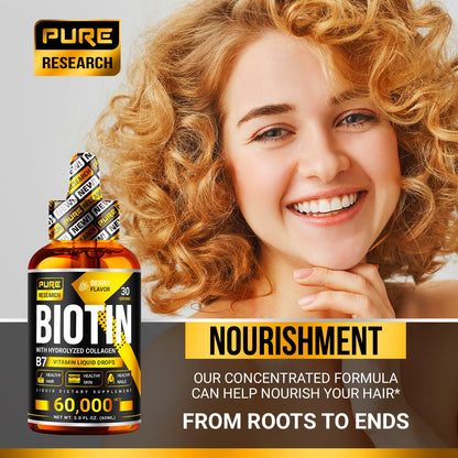 PURE RESEARCH Liquid Biotin & Collagen Hair Growth Drops 60,000mcg – Biotin and Liquid Collagen Supplements for Women & Men – Supports Glowing Skin - OmniHealth US
