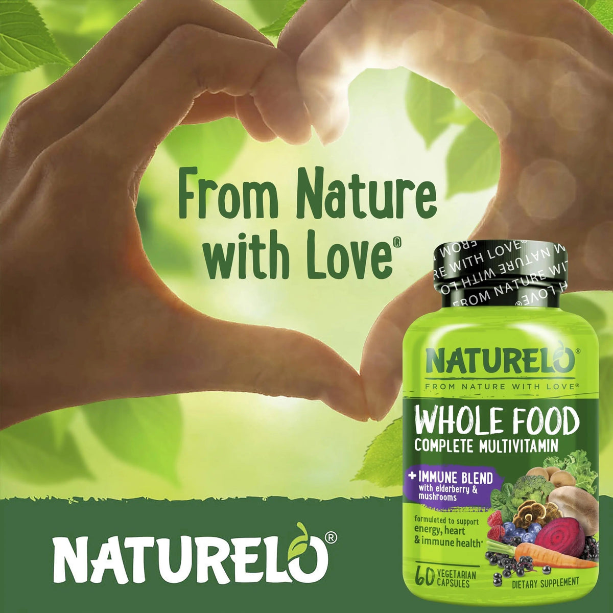 NATURELO Whole Food Multivitamin + Immune Blend with Elderberry & Mushrooms - Complete Multivitamin with Extra Immune Support NATURELO