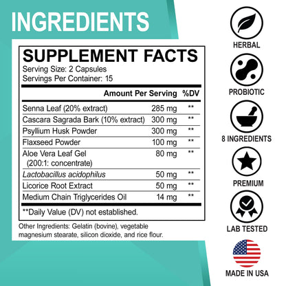 Colon Cleanser Detox for Weight Flush - 15 Day Intestinal Cleanse Pills & Probiotic - Fast Natural Laxative for Constipation Relief - Bowel Movement Supplements for Stomach Bloating, Gut Loss Support - OmniHealth US