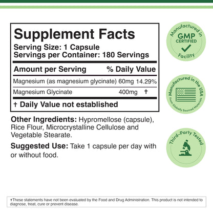 Magnesium Glycinate 400mg | 180 Capsules | Sleep, Muscle, & Heart Support | Vegan, Third Party Tested, Gluten Free - OmniHealth US