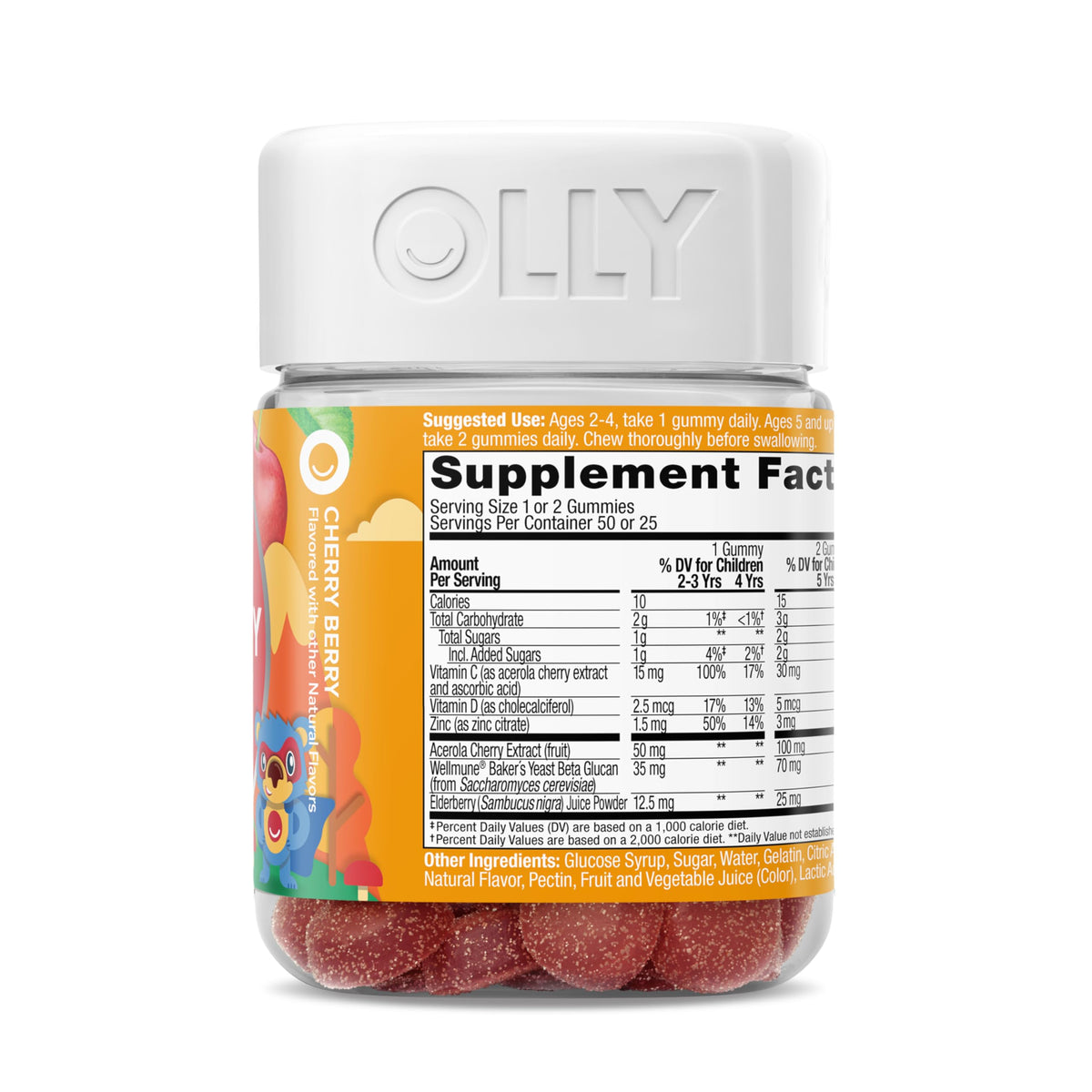 OLLY Kids Immunity Gummy, Immune Support, Wellmune, Elderberry, Vitamin C, Zinc, Chewable Supplement, Cherry - 50 Count - OmniHealth US