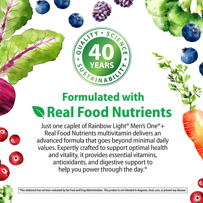 Rainbow Light Mens Multivitamin One + | 150 Caplets | Supports Cellular Energy & Immune Health | with Vitamins C, D, and Zinc | Real Food Nutrients - OmniHealth US