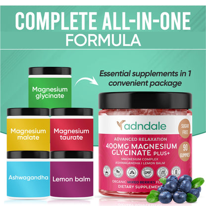 Adndale 90 CT Magnesium Glycinate 400 mg Gummies with Ashwagandha, Magnesium Malate & Taurate, Sugar Free Magnesium Gummies - OmniHealth US