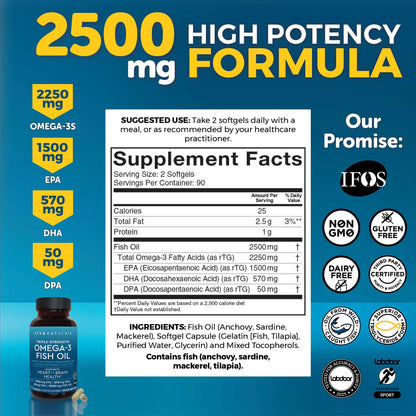 Triple Strength Fish Oil Omega 3 Supplements for Women and Men – 2500 mg High-Potency, Easy-to-Absorb Re-esterified Triglyceride Form, Pescatarian-Friendly DPA Omega 3 - OmniHealth US