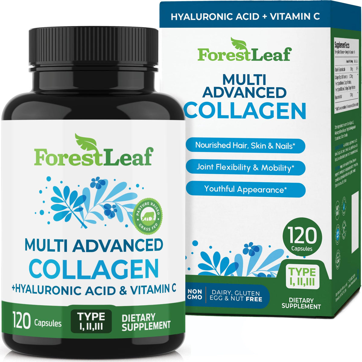 ForestLeaf Multi Collagen Pills with Hyaluronic Acid + Vitamin C | Hydrolyzed Collagen Supplements for Women or Men | Multi Collagen Capsules Peptides for Skin - OmniHealth US