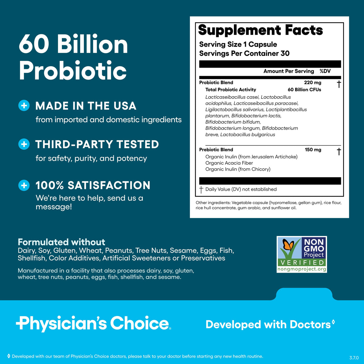 Physician's CHOICE Probiotics 60 Billion CFU - 10 Strains + Organic Prebiotics - Immune, Digestive & Gut Health - Supports Occasional Constipation - OmniHealth US