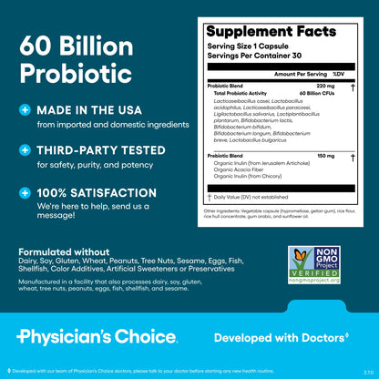 Physician's CHOICE Probiotics 60 Billion CFU - 10 Strains + Organic Prebiotics - Immune, Digestive & Gut Health - Supports Occasional Constipation - OmniHealth US