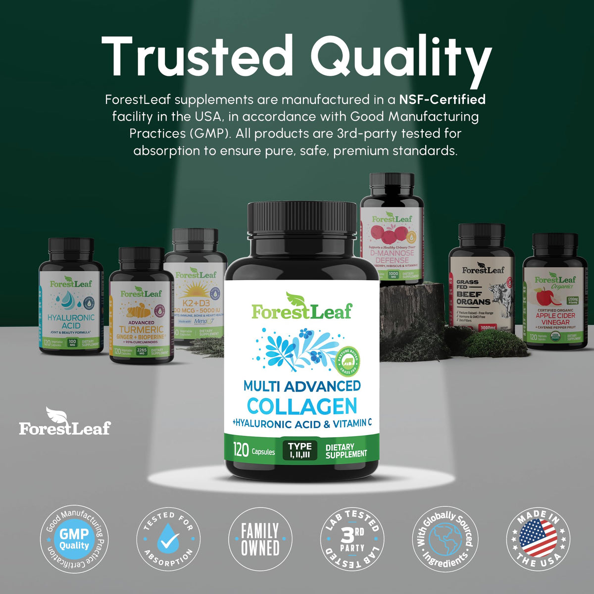 ForestLeaf Multi Collagen Pills with Hyaluronic Acid + Vitamin C | Hydrolyzed Collagen Supplements for Women or Men | Multi Collagen Capsules Peptides for Skin - OmniHealth US