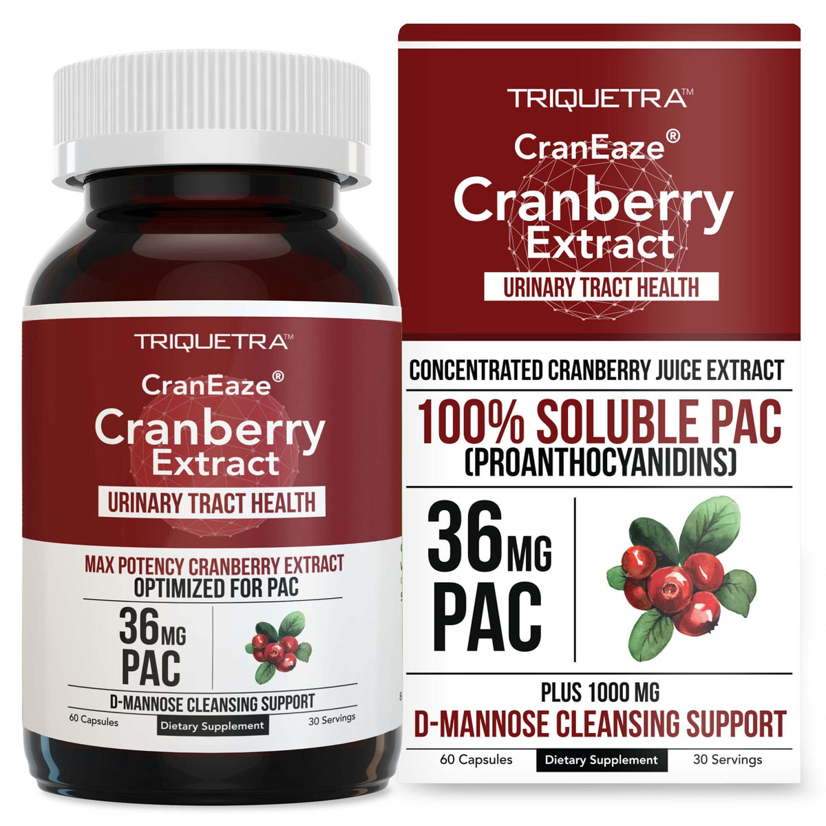 CranEaze®: Cranberry Juice Extract Plus D-Mannose – 36 mg PAC, 100% Soluble PAC - Supports Urinary Tract Health – Most Effective Cranberry Pills for Women, OmniHealth US