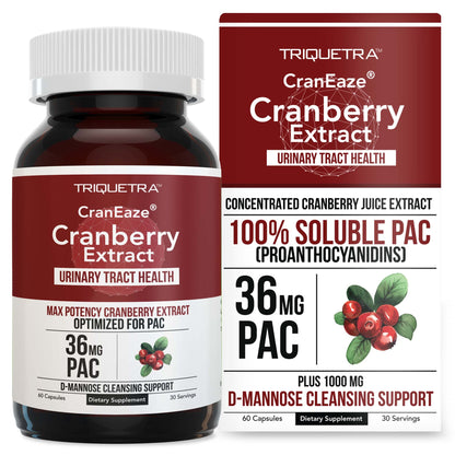 CranEaze®: Cranberry Juice Extract Plus D-Mannose – 36 mg PAC, 100% Soluble PAC - Supports Urinary Tract Health – Most Effective Cranberry Pills for Women, OmniHealth US