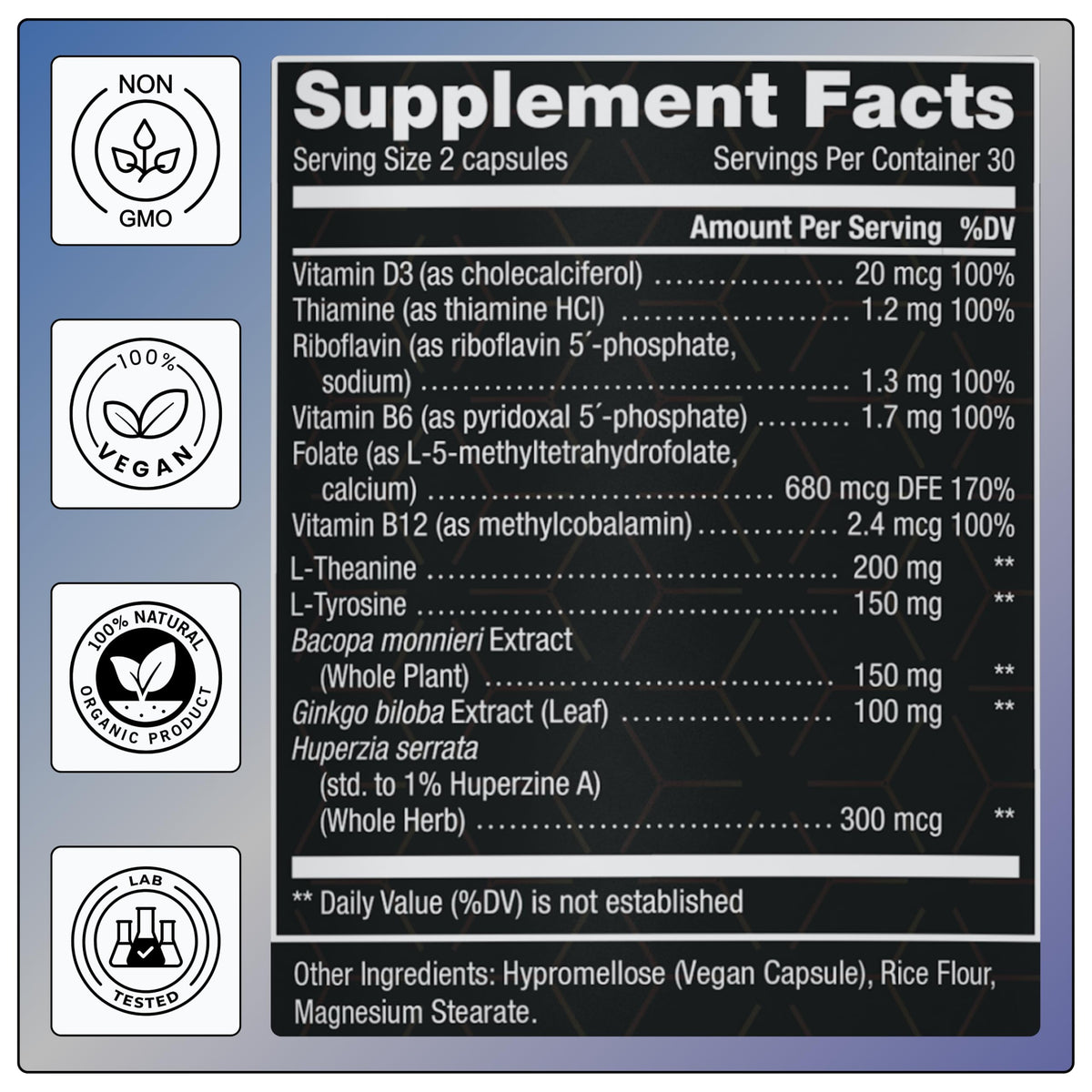 11-in-1 Supplement: Supports Memory & Cognition - 100mg Ginkgo 150mg Bacopa 300mcg Huperzine 200mg L-Theanine 150mg L-Tyrosine & Bioactive B-Complex - OmniHealth US