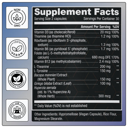 11-in-1 Supplement: Supports Memory & Cognition - 100mg Ginkgo 150mg Bacopa 300mcg Huperzine 200mg L-Theanine 150mg L-Tyrosine & Bioactive B-Complex - OmniHealth US